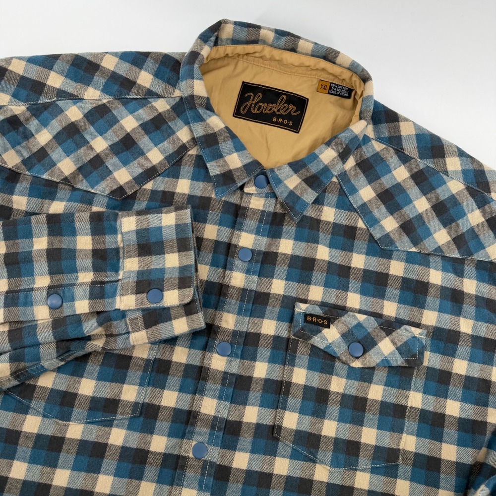 Howler Brothers Western Snap Shirt Mens XXL Blue Tan Plaid Flannel Long Sleeve